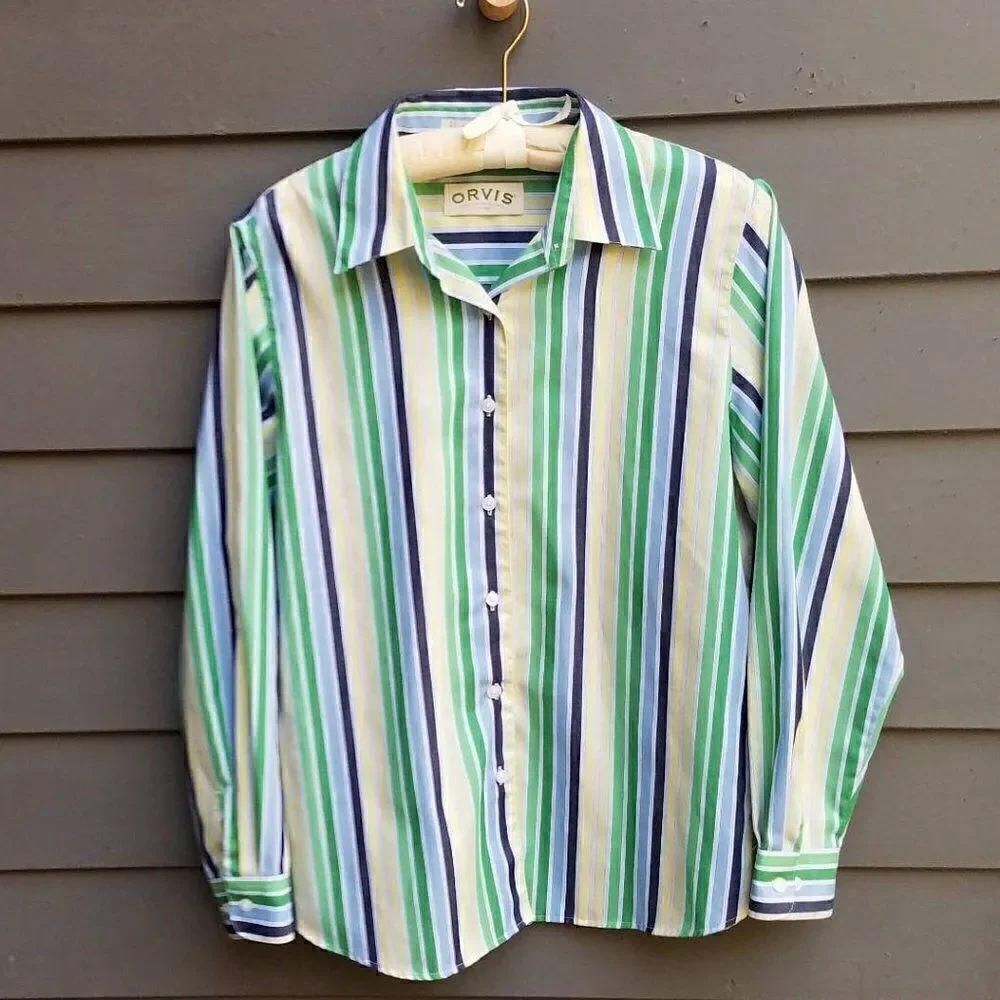 Orvis Cotton blend Green Blue Stripe Button Down size 8